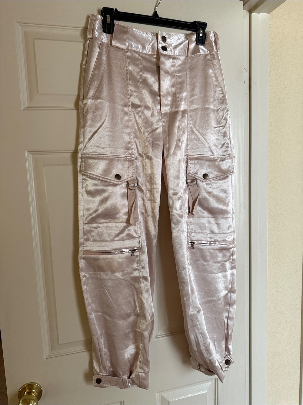 Free People Satin Cargo Joggers in Pale Blush